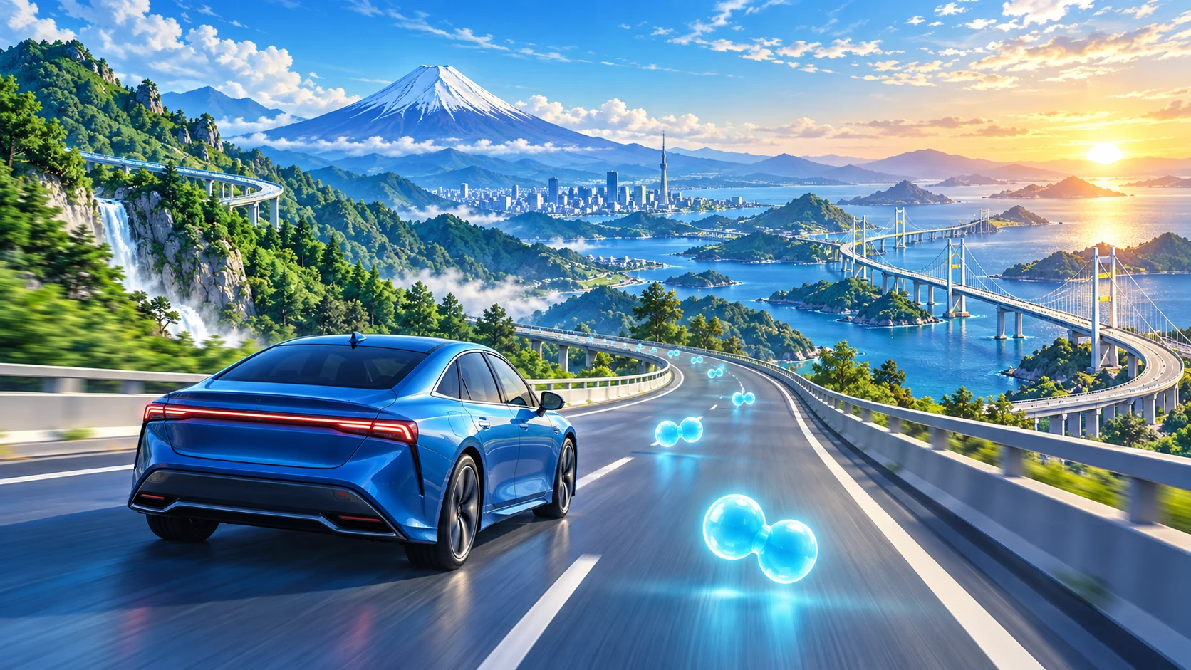 水素の光をたどり、日本の山々と海をつなぐ道を走る青い車のコンセプトアート